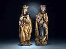 Detailabbildung: Paar zusammengehörige Schnitzfiguren der Hll. Maragarethe und Dorothea