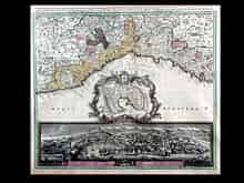 Detail images: Topographische Karte und Stichansicht der Stadt Genua 