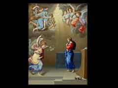 Detailabbildung:  Jaques Stella 1596 - 1657 MARIAE VERKÜNDIGUNG In einem lichterfüllten, kahlen, ohne Raumgrenzen gegebenen Ambiente mit einem Betpult an der rechten Bildkante und einem mit blauem Tuch bedeckten Tisch im Hintergrund steht Maria in leuchtend blauem M