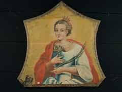 Detail images: Kasein-Gemälde auf Holzplatte mit Darstellung der Hl. Margaretha 