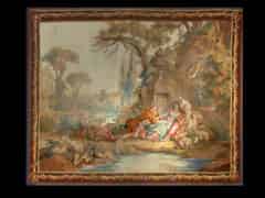 Detailabbildung: Französischer Gobelin mit einer Schäferszene in romantischer Landschaft