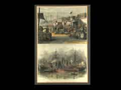 Detailabbildung: Kolorierte Holzstiche mit Darstellung von Hafenschiffen und Ladedocks mit Fässern im East