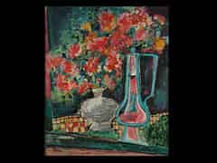 Detailabbildung: Maler des 20.Jhdts. Blumenvase und Kanne auf einem Tisch. Öl/Spanplatte. 60 x 50 cm. Links unten sign. “Agricola“.(462334)