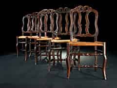 Detailabbildung: Satz von fünf Barockstühlen mit Sitzflächen in Korbgeflecht