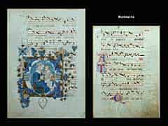 Detailabbildung: Pergament-Notenblatt mit Buchmalerei