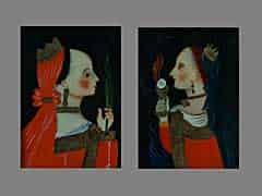 Detail images: Paar Hinterglasbilder mit Darstellung von heiligen Frauen.