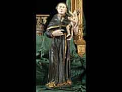 Detail images: Schnitzfigur des Hl. Antonius von Padua Hl. Antonius mit dem Christuskind auf dem Arm, in der rechten