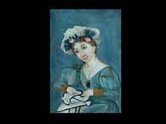 Detailabbildung: Hinterglasbild mit Darstellung einer jungen Frau in blauem Kleid, weißer Haube mit Rosen