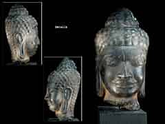 Detail images: Buddha-Kopf in schwarzem Kalkstein