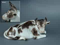 Detail images: Meissener Porzellan-Figur einer liegenden Kuh