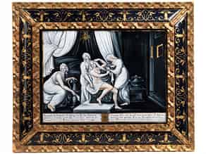 Detailabbildung:  Limoges-Email Bildtafel mit Darstellung der Toilette der Venus