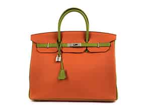 Detail images:  Hermès Birkin Bag 40 cm Special Order Horseshoe „Orange & Vert Anis“