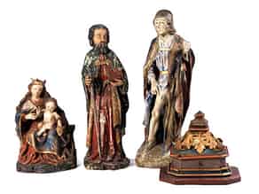 Detailabbildung:   Konvolut von drei geschnitzten Heiligenfiguren