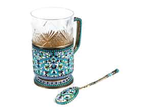Detail images:   Moskauer Cloissonné-Teeglas mit Löffel