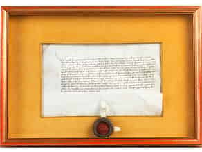 Detailabbildung:  Pergamenturkunde aus dem Jahre 1402 mit Wachssiegel Herzog Leopolds IV. von Habsburg (1371 - 1411)