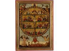 Detailabbildung:  Spätgotisches Tafelbild mit Darstellung des Gnadenstuhls und Heiligen in einem Rosenkranz