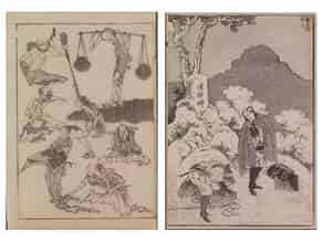 Detail images:  Landschaftsdarstellung sowie Figurenstudie nach Katsushika Hokusai