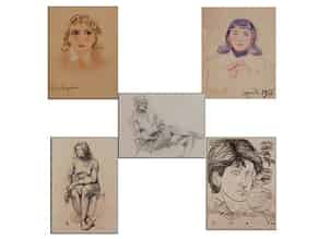 Detail images:  Konvolut von fünf Papierarbeiten zum Thema „Frauenbildnis“