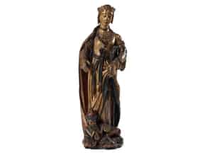 Detailabbildung:  Lebensgroße museale Schnitzfigur der Heiligen Katharina