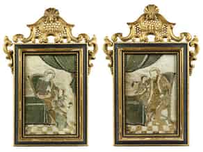 Detailabbildung:  Paar große gerahmte Spiegelbilder unter Vellum und Pergament