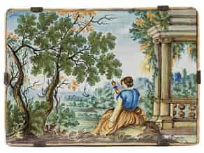 Detail images:  Castelli-Majolika-Platte mit Landschaftsdekor und junger Frau