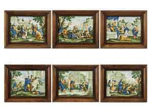 Detailabbildung:  Satz von sechs Majolika-Bildplatten, Francesco Grue (1618-1673), zug.
