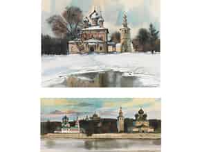 Detailabbildung:  Zwei russische Aquarelle mit Darstellungen von Gebäuden und Kirchen mit Zwiebelhauben