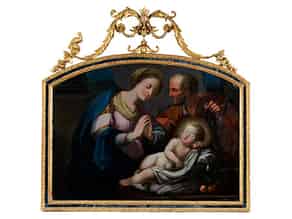 Detail images:  Seltenes und museales Hinterglasbild in original Rahmung mit Darstellung der Heiligen Familie