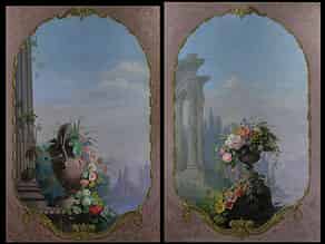 Detailabbildung:  Paar wandgroße Dekorationsgemälde mit Landschafts- und Blumendarstellungen