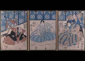 Detail images:  Satz von drei zusammengehörigen japanischen Farbholzschnitten, gemeinsam gerahmt.