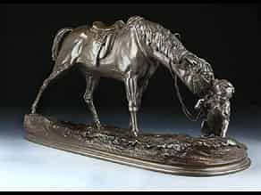 Detailabbildung:  Bronzeskulptur Pferd mit Hund Pierre-Jules Mene 1810 - 1871