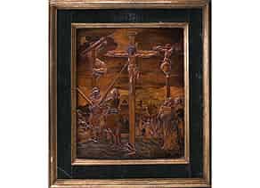 Detail images:  Eger-Relief-Intarsienbild: Christus am Kreuz mit den beiden Schächern und Assistenzfiguren, um 1650