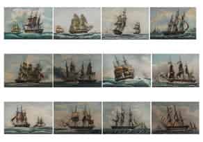 Detailabbildung:  P. C. Coussé, Satz von zwölf kolorierten Lithographien mit Darstellung von Segelschiffen