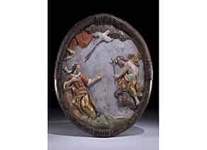 Detailabbildung:  Reliefschnitzerei des 18. Jahrhunderts mit Darstellung der Verkündigung Mariens