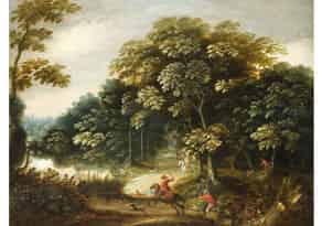 Detailabbildung:  Gommaert van der Gracht, 1590 - 1639, zug., Maler der Flämischen Schule. WALDLANDSCHAFT MIT REITENDEN JÄGERN Öl auf Eichenholz. Parkettiert. 17,3 x 24,7 cm. In feiner Maltechnik wiedergegebene Baumla