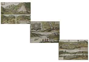 Detail images:  Satz von drei gerahmten doppelbögigen Stichdarstellungen von Georg Hufnagel, datiert “1590” 