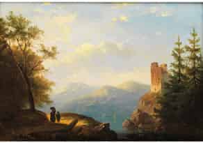 Detail images:  Romantische Landschaft mit Burgruine über einem Felsen am Seeufer mit Figurenstaffage