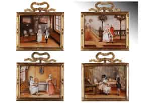 Detail images:  Satz von vier originalgerahmten weltlichen Hinterglasbildern