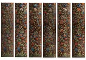 Detail images:  Großer, sechsteiliger Paravent mit bemalter Ledertapete