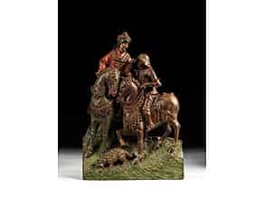 Detailabbildung:  Flämische Schnitzfigurengruppe zweier Reiter mit einem Begleithund