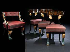 Detailabbildung:  Bedeutende und seltene Wiener Sitzgruppe, bestehend aus einem Sessel und drei Schaufelstühlen