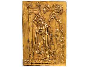 Detail images:  Feuervergoldete Bronzereliefplatte mit Darstellung eines antiken Jünglings