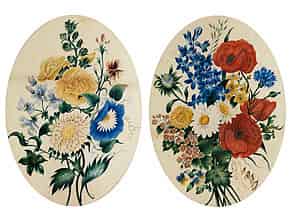 Detail images:  Paar Aquarelle/ Gouachen mit Blumensträußen