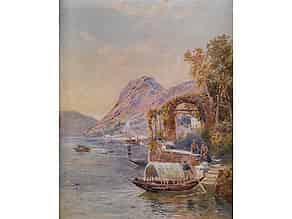 Detail images:  Aquarell mit Darstellung des Lago di Como mit Figurenstaffage am Ufer und anliegenden Kähnen