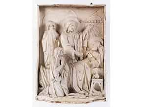 Detailabbildung:  Hochrelief-Figurengruppe mit Darstellung Jesus am Totenbett des Heiligen Joseph