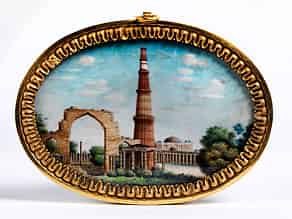 Detailabbildung:  Miniaturgemälde mit Darstellung des Minaretts von Qutb Minar in Delhi