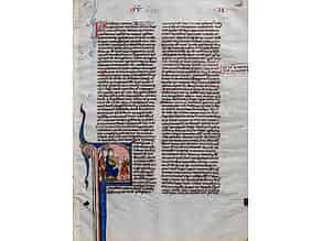 Detailabbildung:  Illustriertes Einzelblatt auf Pergament aus einer Bibelhandschrift des 13. Jahrhunderts mit Schmuck und einer figürlichen Miniatur