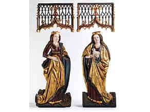 Detail images:  Paar Flachreliefskulpturen der Heiligen Katharina sowie der Heiligen Agnes