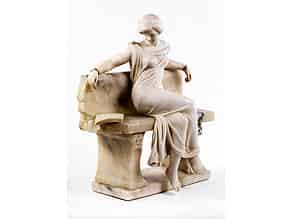 Detail images:  Marmor- / Alabasterfigur einer jungen Dame auf einer antiken Steinbank sitzend
