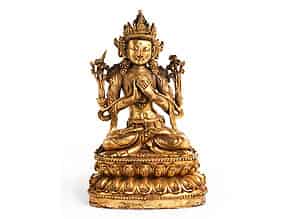 Detailabbildung:  Tibetanische Manjushri-Figur in Bronze und Feuervergoldung